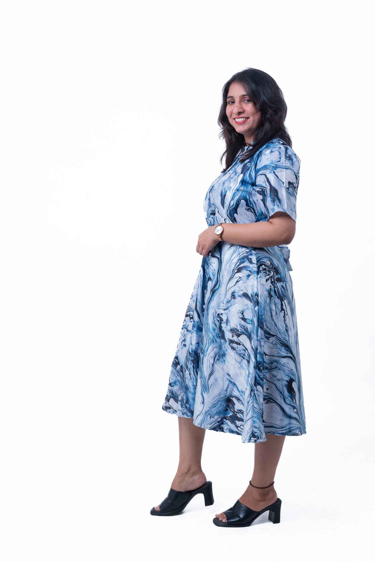 Slate blue tie-dye satin printed dress