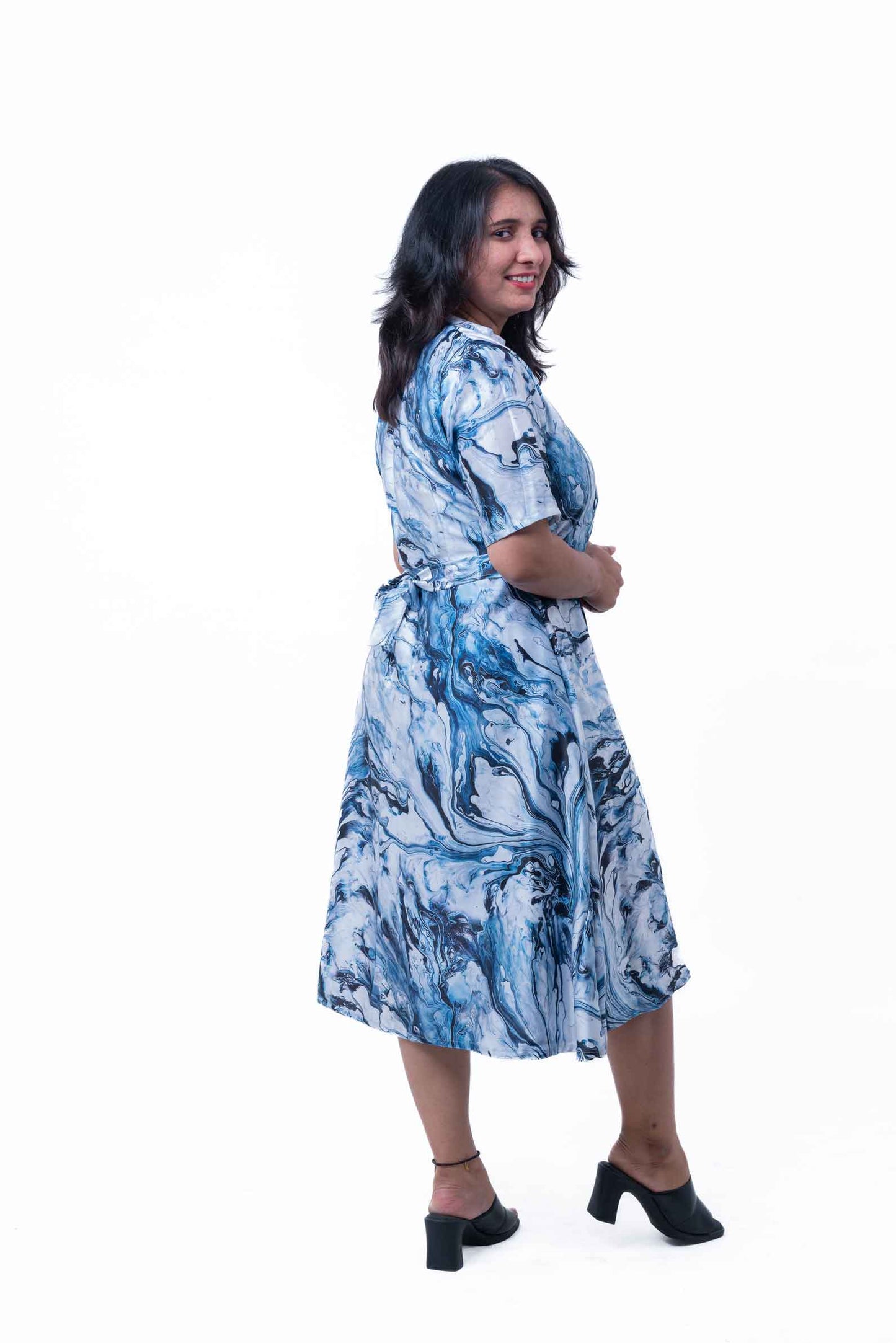 Slate blue tie-dye satin printed dress