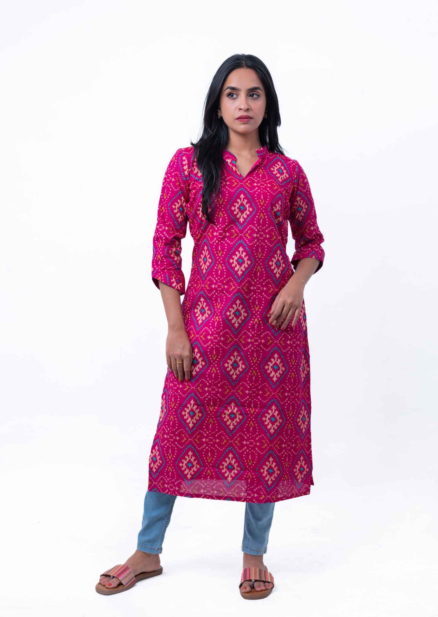 Shocking pink ikkat printed straight cotton kurta