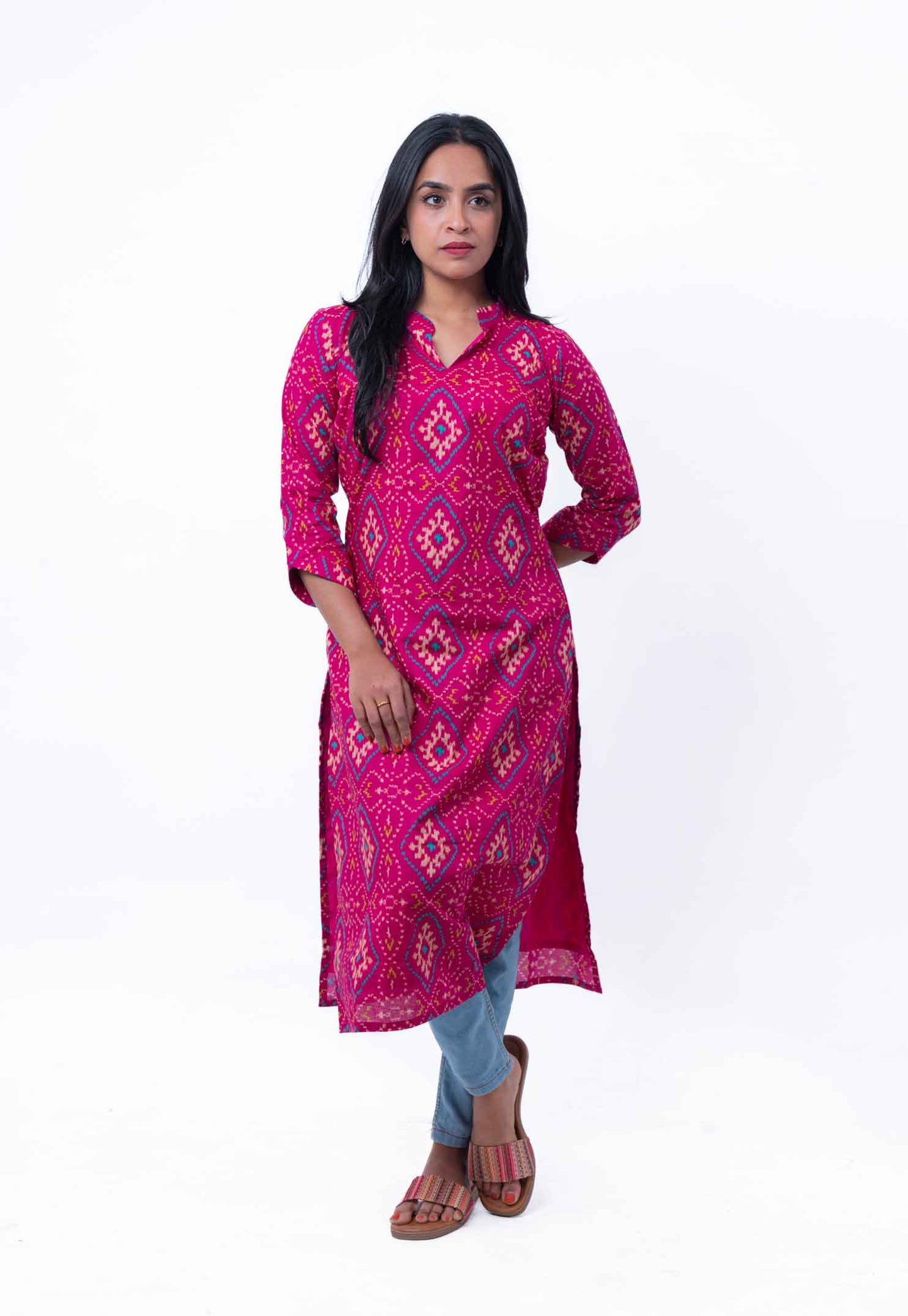 Shocking pink ikkat printed straight cotton kurta