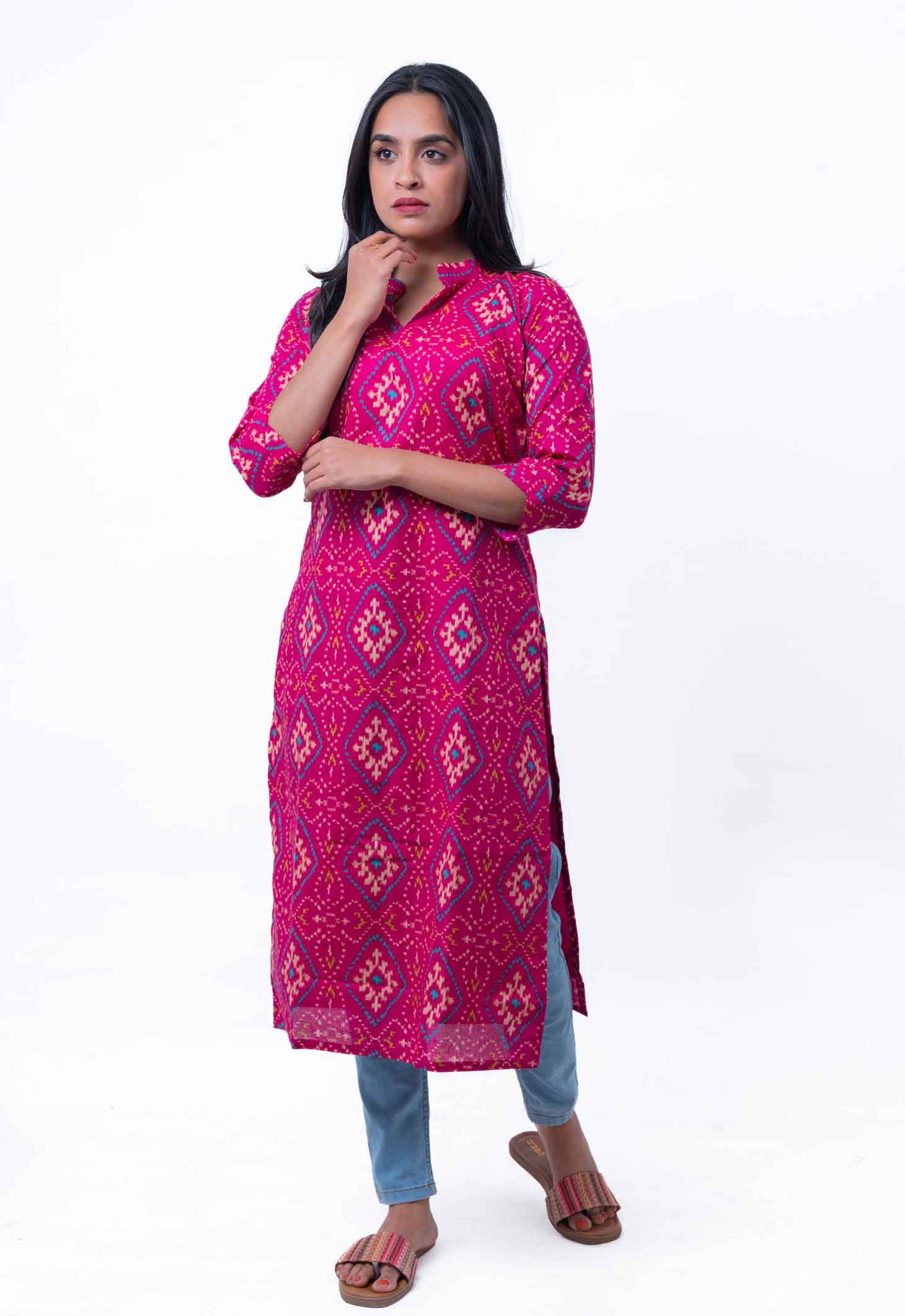 Shocking pink ikkat printed straight cotton kurta