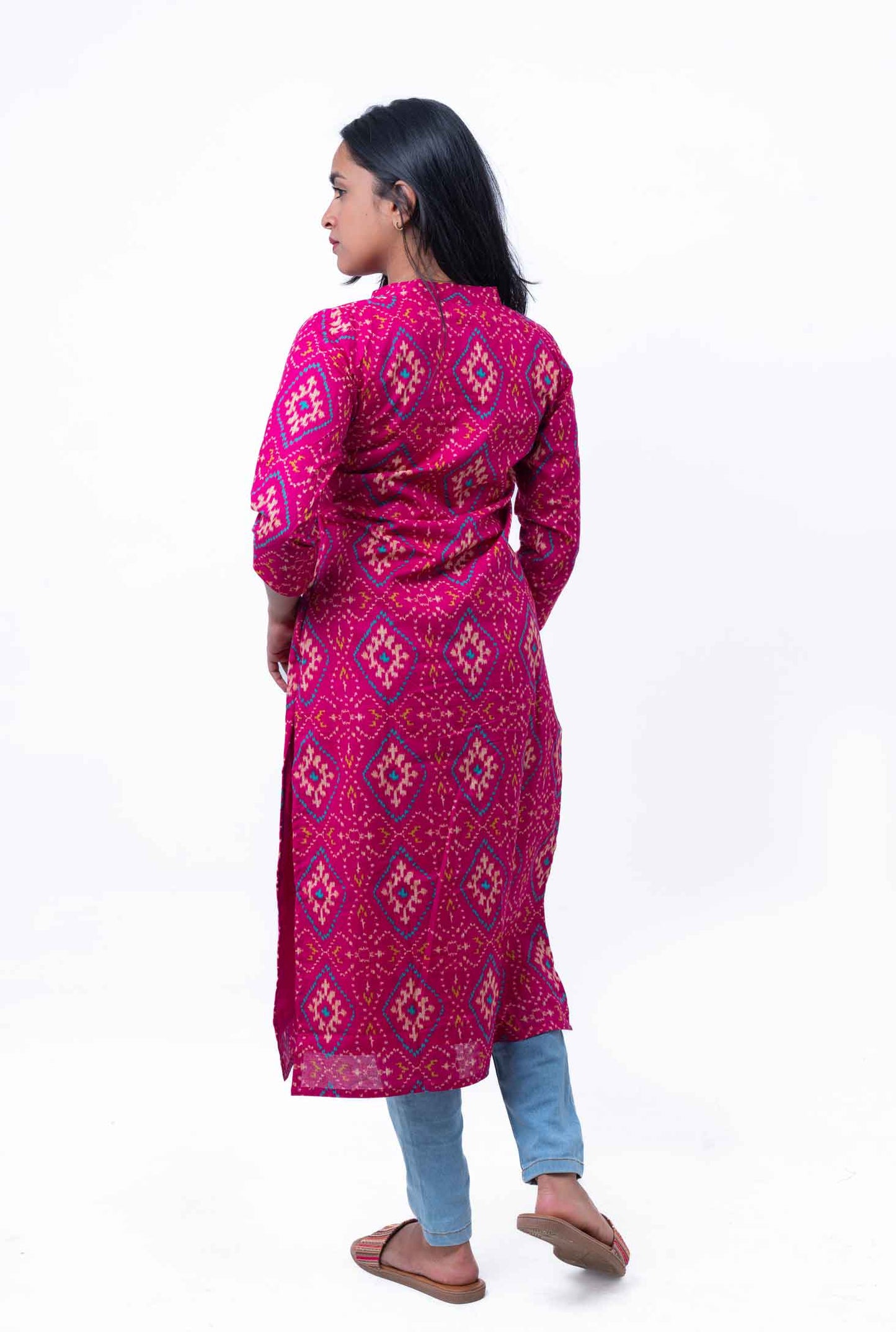 Shocking pink ikkat printed straight cotton kurta