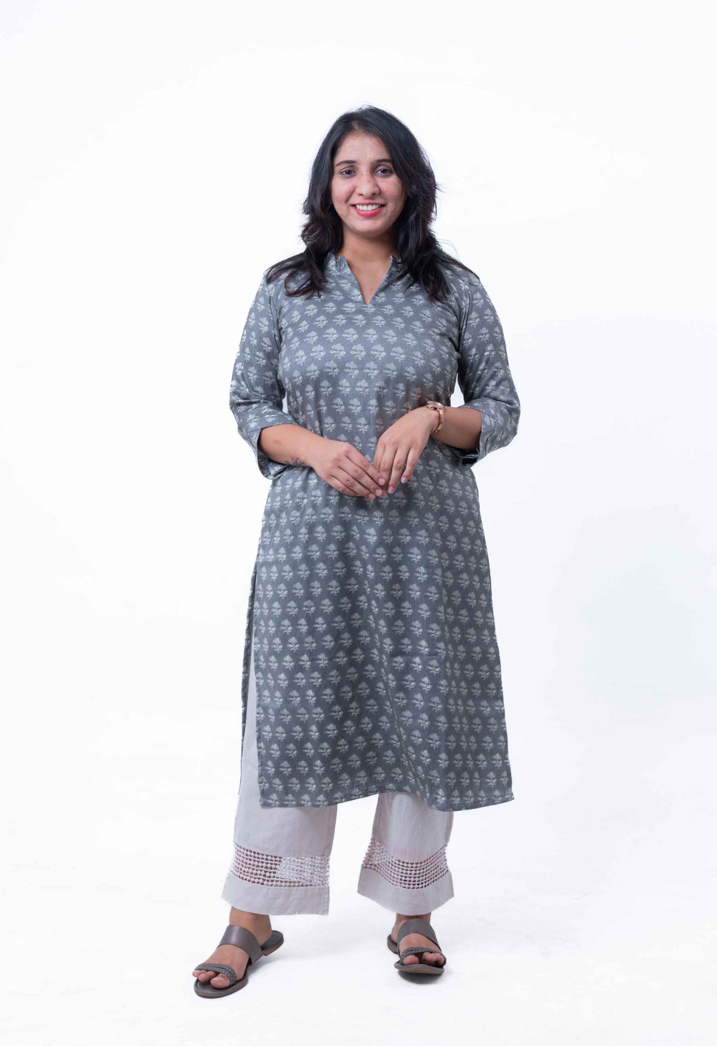 Ash gray printed straight kurta