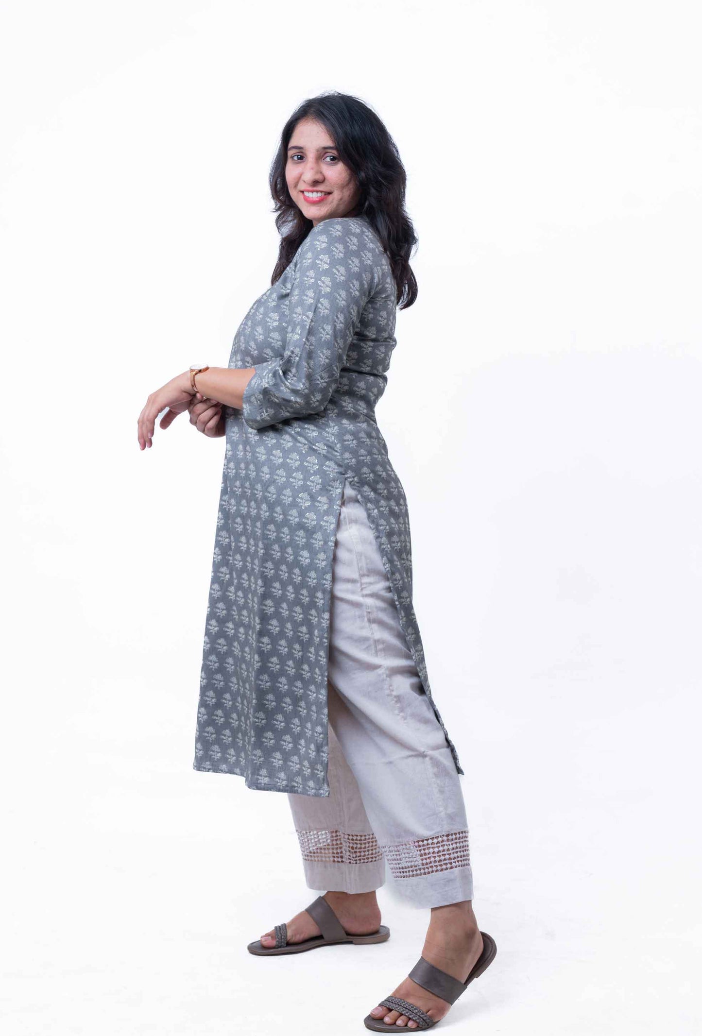 Ash gray printed straight kurta