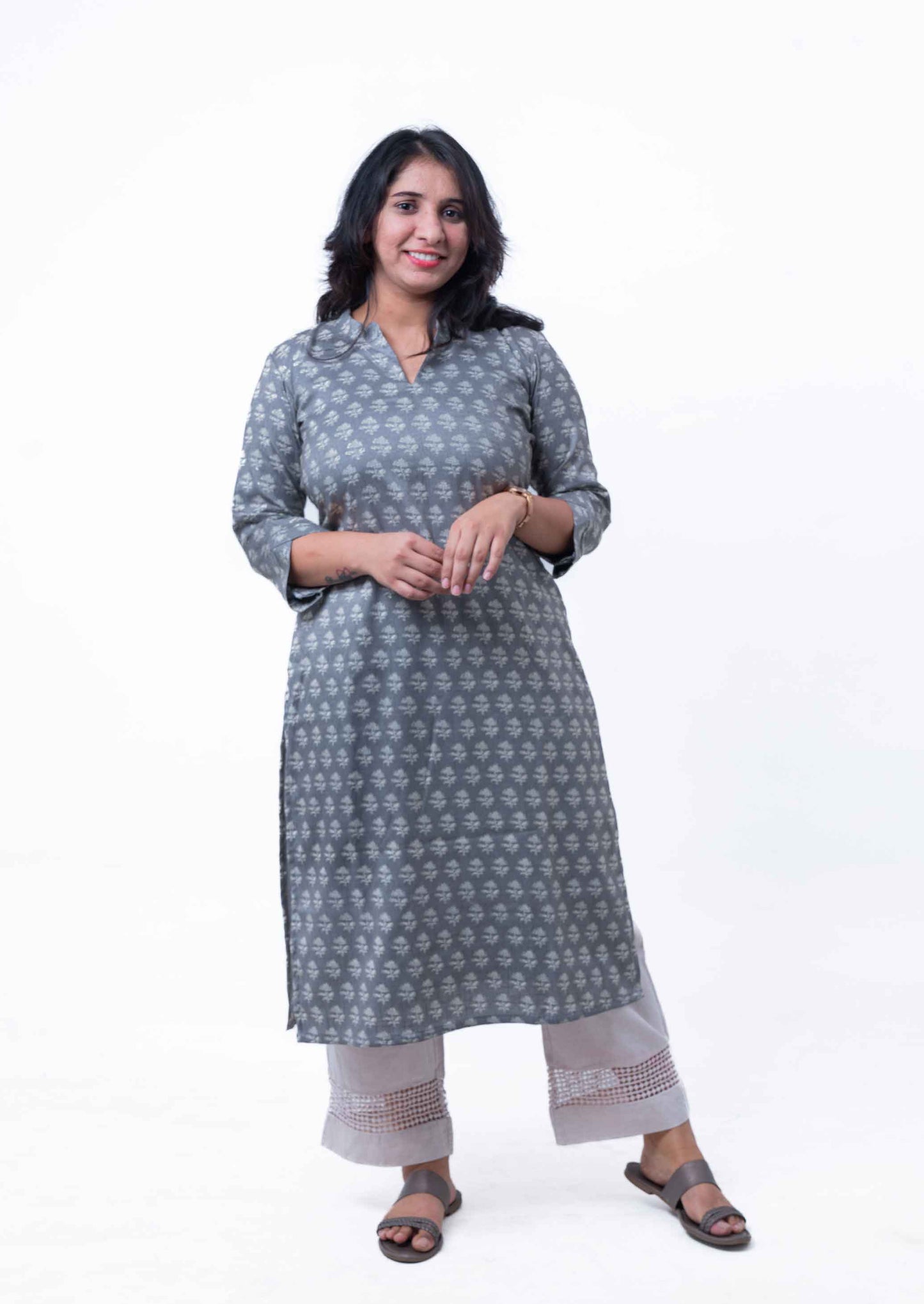 Ash gray printed straight kurta