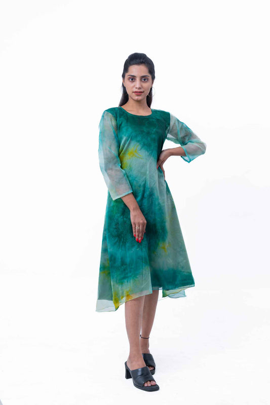 Dark green and yellow tie-dye organza dress