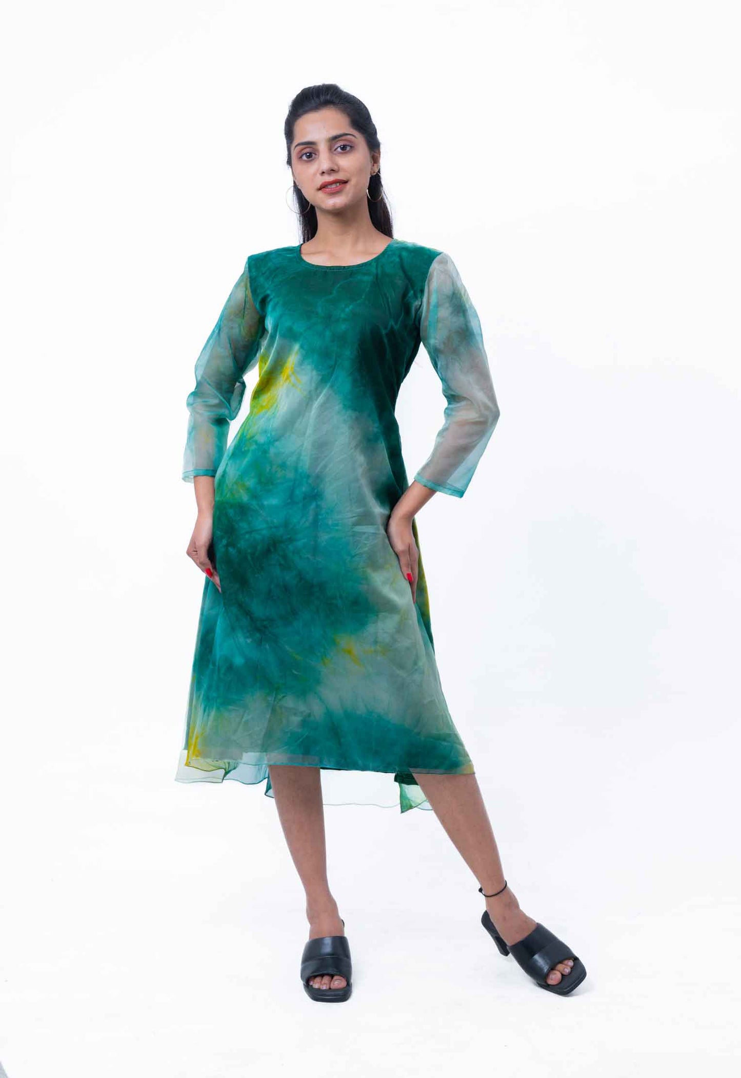 Dark green and yellow tie-dye organza dress