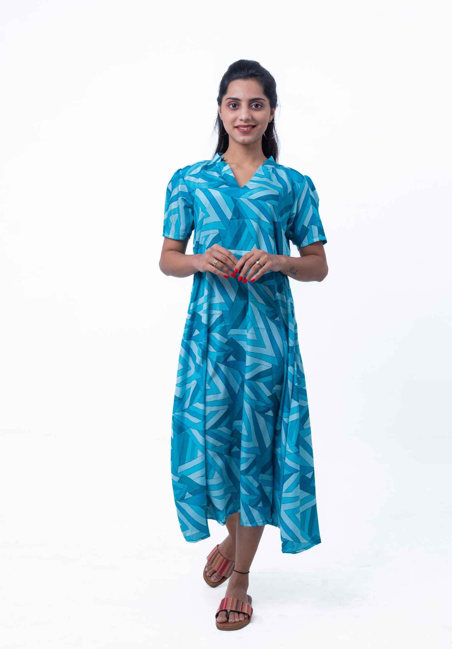 Sea green and blue geometric satin dress - Cham Design Studio Sea green and blue geometric satin dress - Cham Design Studio