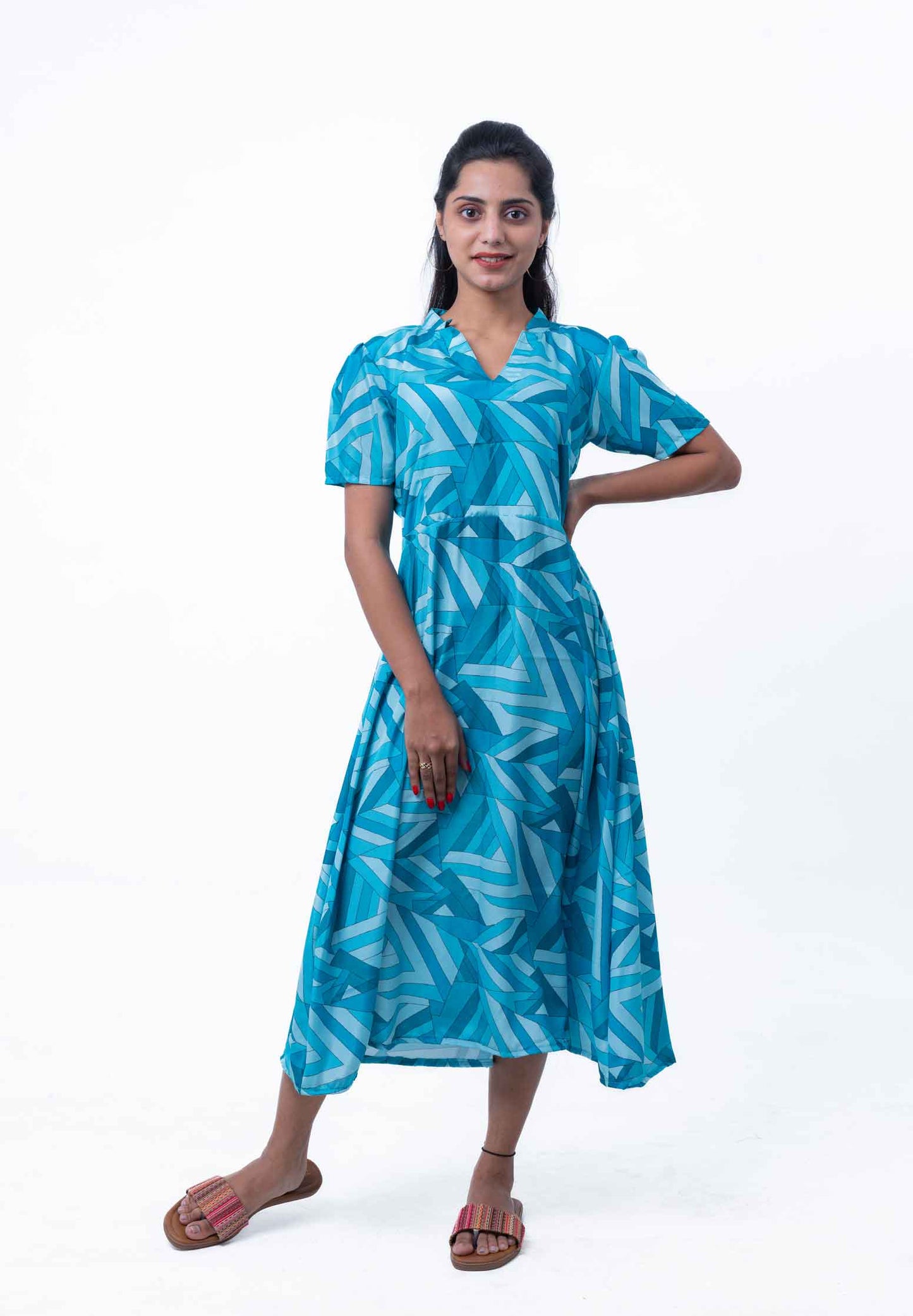 Sea green and blue geometric satin dress