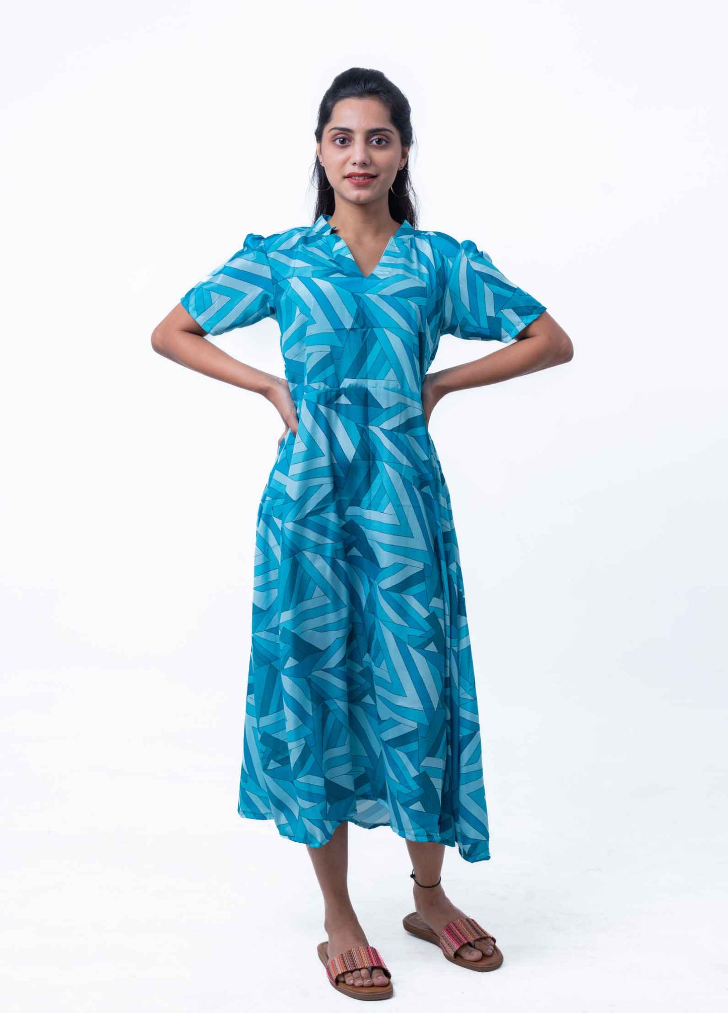 Sea green and blue geometric satin dress