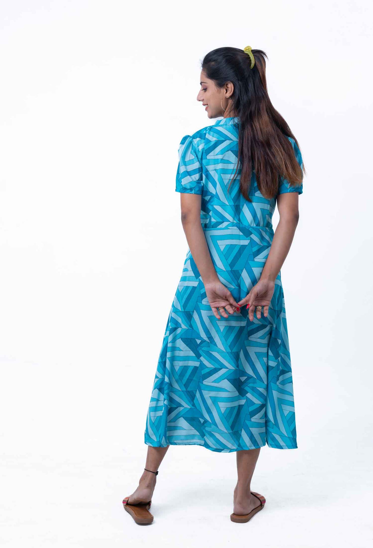 Sea green and blue geometric satin dress