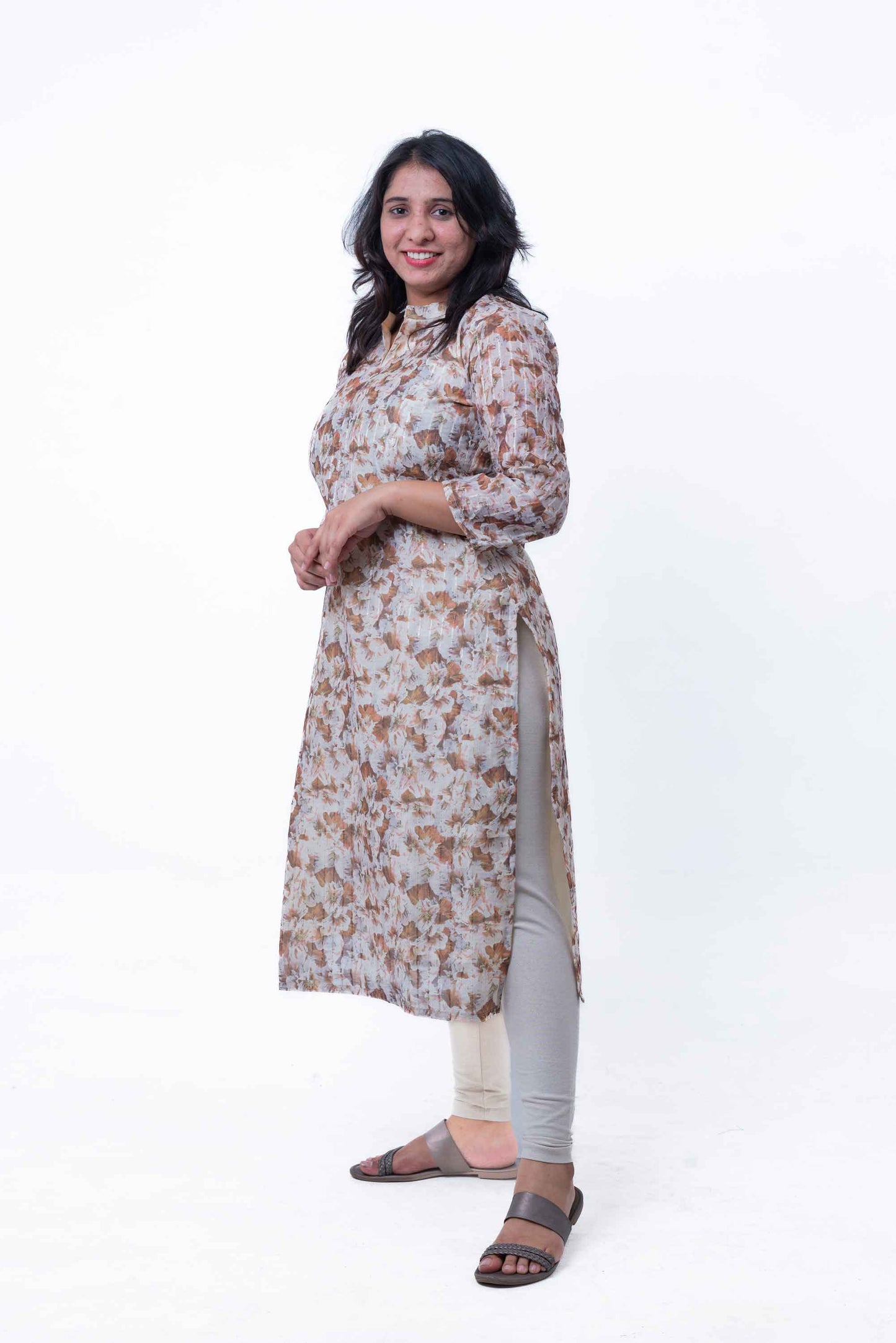 Beige printed chanderi cotton straight kurta