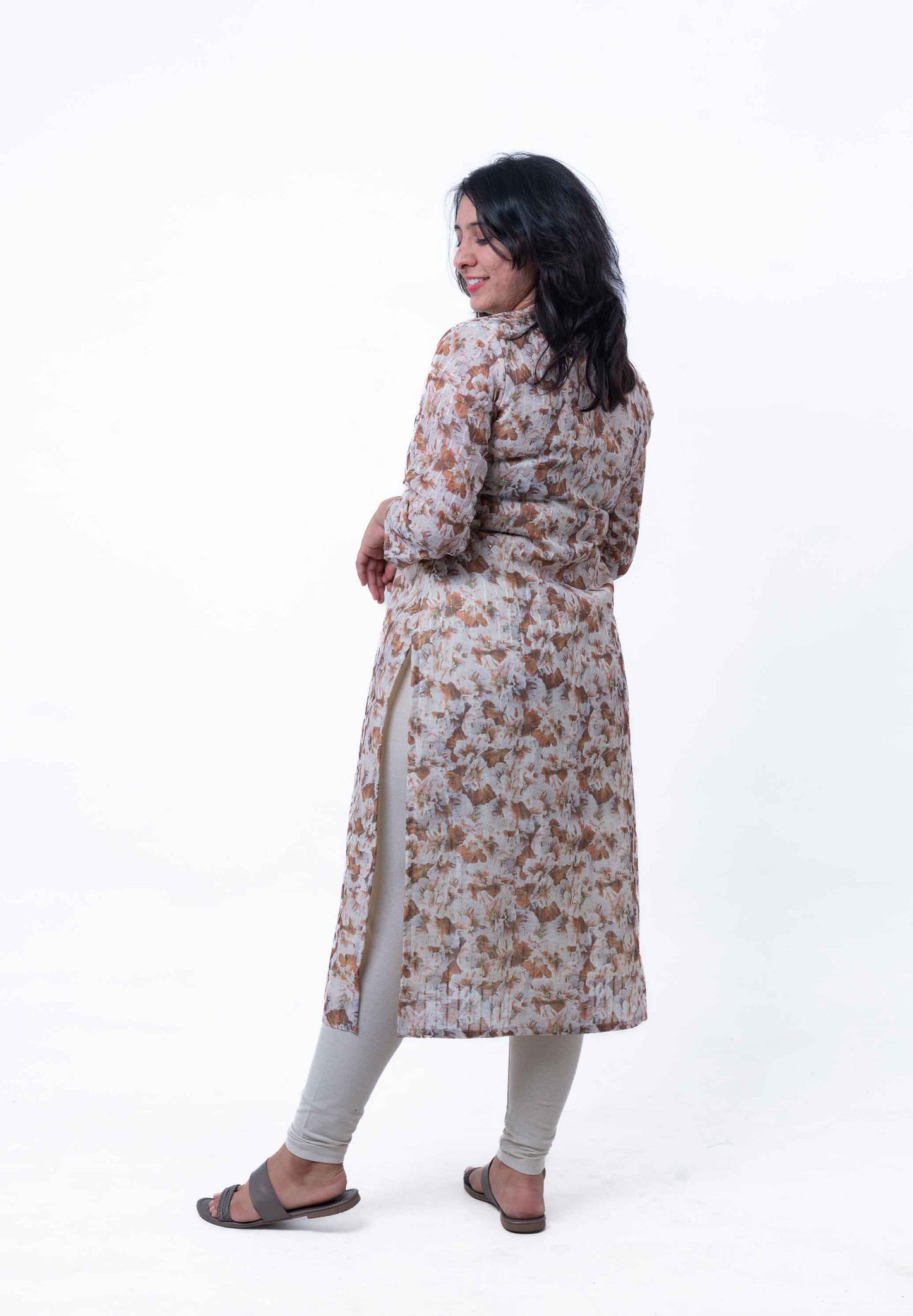 Beige printed chanderi cotton straight kurta