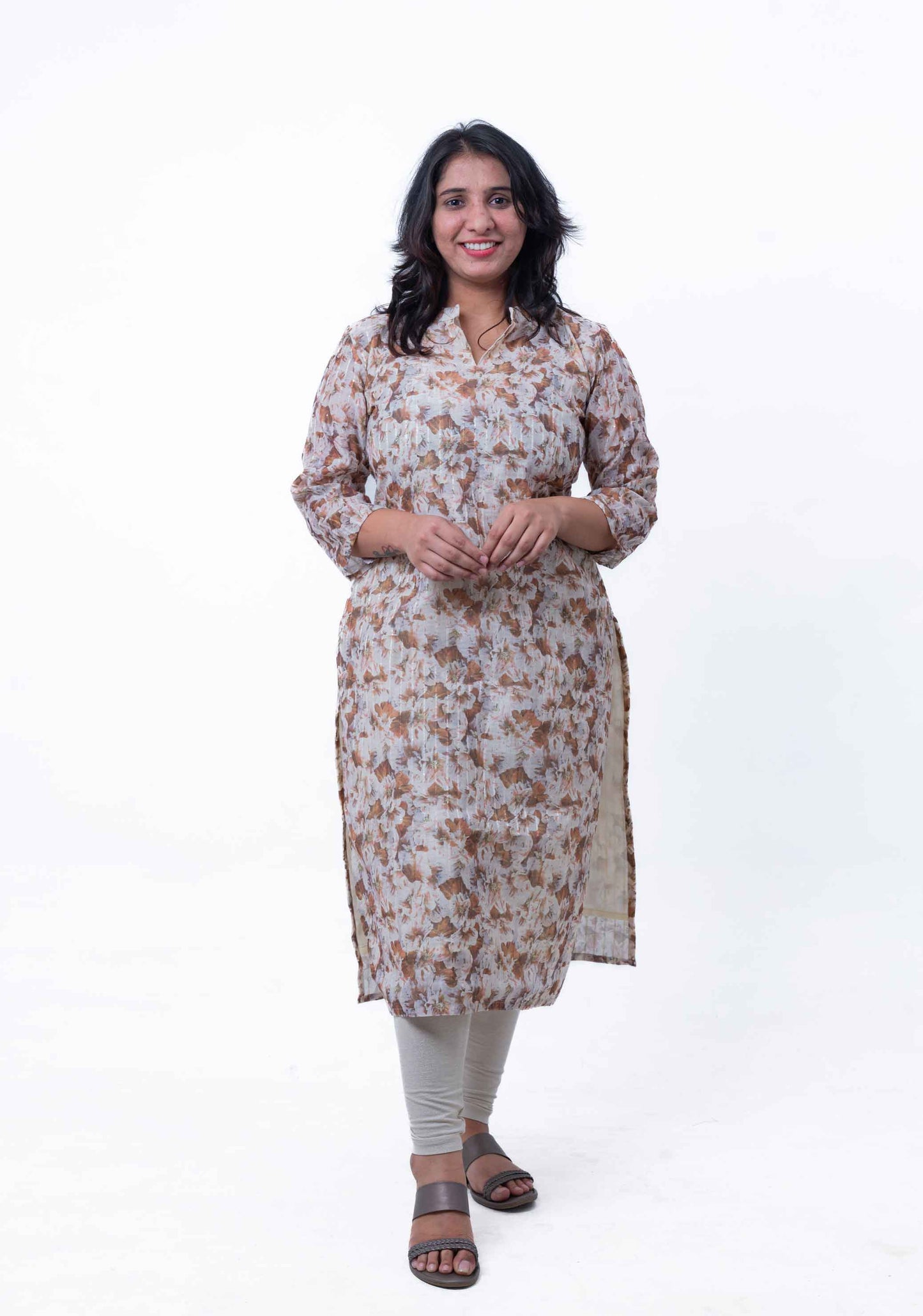 Beige printed chanderi cotton straight kurta