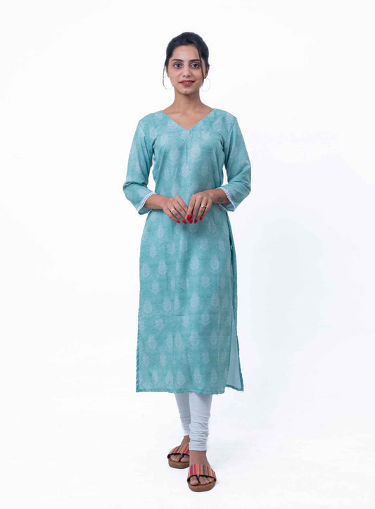 Pale green and white printed straight kurta