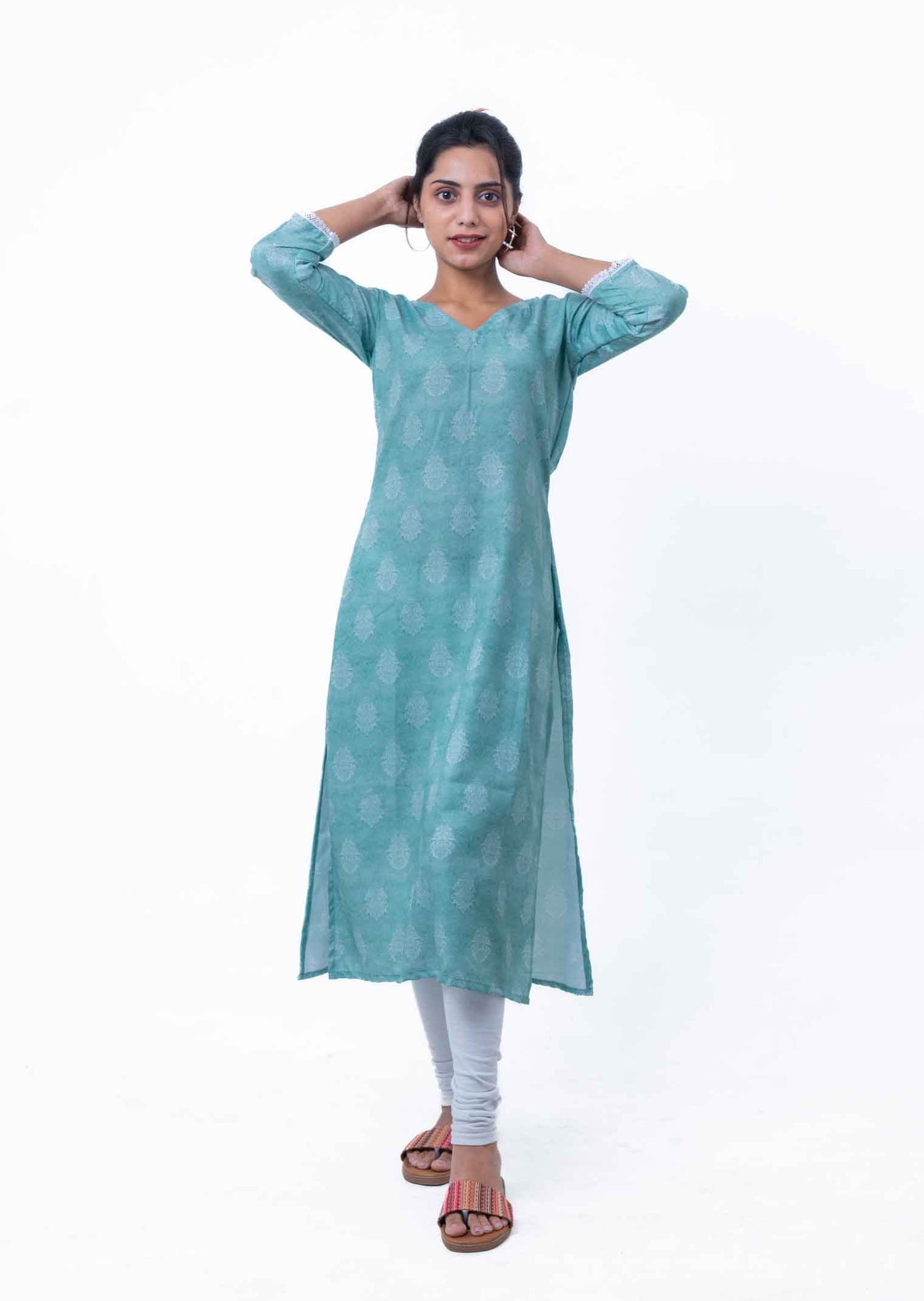 Pale green and white printed straight kurta