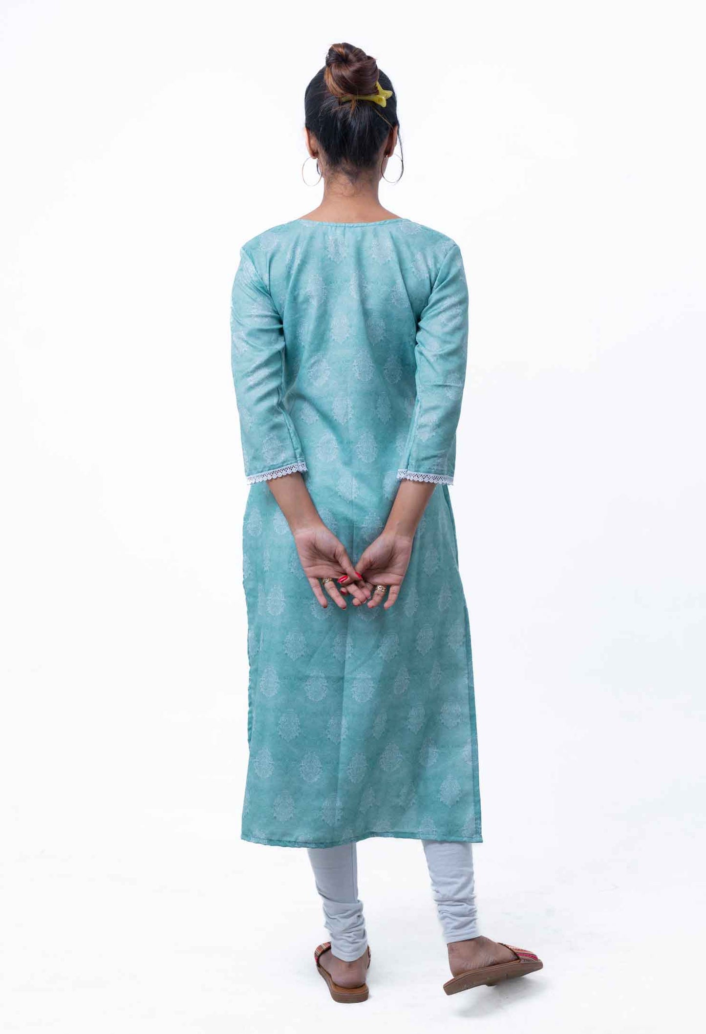 Pale green and white printed straight kurta