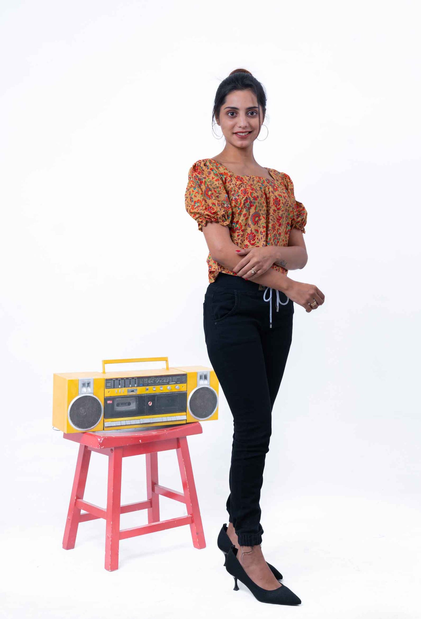 Ochre yellow floral printed short top