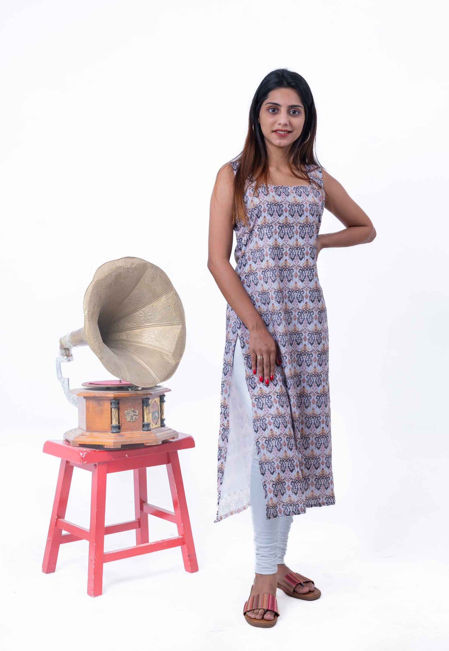 Multi colored trellis printed straight kurta